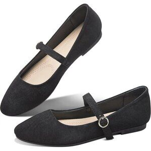 Obtaom Women Black Polyester Round Toe Comfortable Classic Strap Ballet Flat